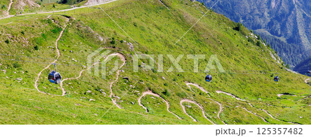 Scenic aerial panoramic view curvy winding serpentine dirt path road alpine mountain peak with green wild grassland meadow and rocky horizon sky landscape. Hill nature scenery hiking route sunny day Scenic aerial panoramic view curvy winding serpentine dirt path road alpine mountain peak with green wild grassland meadow and rocky horizon sky landscape. Hill nature scenery hiking route sunny day 125357482