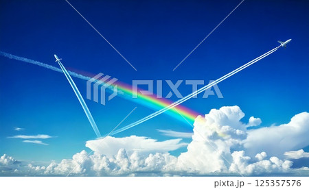 2機の飛行機が飛行機雲を作りながら虹の架かる爽やかな青空を高く飛んでいく3DCGイラスト 2機の飛行機が飛行機雲を作りながら虹の架かる爽やかな青空を高く飛んでいく3DCGイラスト 125357576