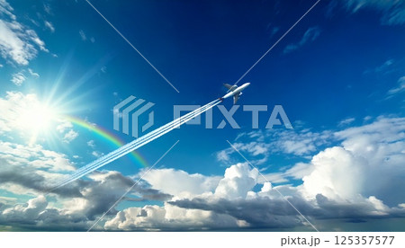 飛行機が飛行機雲を作りながら虹の架かる爽やかな青空を高く飛んでいく3DCGイラスト 125357577