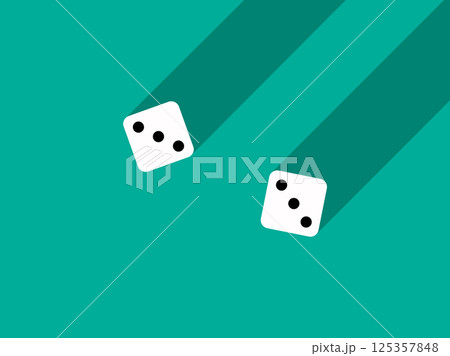 A pair of dice with numbers 3 and 3. Craps dice pair on a green table with a long shadow, top view. Casino dice game. Design for applications, banners, booklets, covers. Vector illustration 125357848