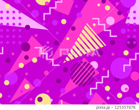 Geometric seamless pattern with memphis elements in 80s style. Colorful pattern with different geometric shapes. Design for packaging, covers, wrapping and promotional products. Vector illustration Geometric seamless pattern with memphis elements in 80s style. Colorful pattern with different geometric shapes. Design for packaging, covers, wrapping and promotional products. Vector illustration 125357876