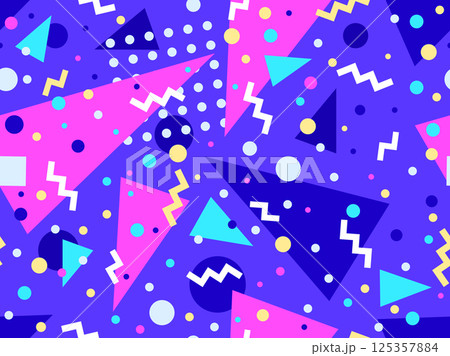 Geometric seamless pattern with memphis elements in 80s style. Colorful pattern with different geometric shapes. Design for packaging, covers, wrapping and promotional products. Vector illustration Geometric seamless pattern with memphis elements in 80s style. Colorful pattern with different geometric shapes. Design for packaging, covers, wrapping and promotional products. Vector illustration 125357884