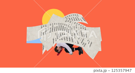 Contemporary art collage. Man curls beneath avalanche of printed receipts, symbolizing overwhelming economic pressure. 125357947
