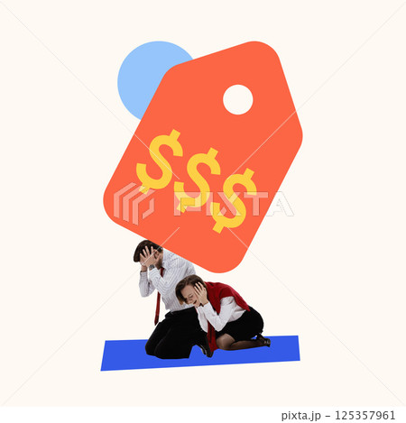 Contemporary art collage. Man and woman kneel under oversized price tag, symbolizing joint suffering from rising living costs. Contemporary art collage. Man and woman kneel under oversized price tag, symbolizing joint suffering from rising living costs. 125357961