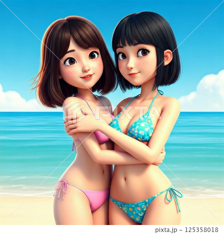 夏の浜辺でハグするビキニのショートヘアの二人の女の子 125358018
