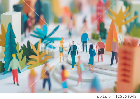 カラフルな木工でできた人々と街中の風景(木工細工) カラフルな木工でできた人々と街中の風景(木工細工) 125358045