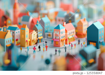 カラフルな木工でできた人々と街中の風景(木工細工) カラフルな木工でできた人々と街中の風景(木工細工) 125358047