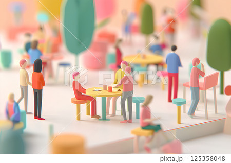 カラフルな木工でできた人々と街中の風景(木工細工) カラフルな木工でできた人々と街中の風景(木工細工) 125358048