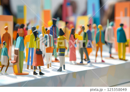 カラフルな木工でできた人々と街中の風景（木工細工） 125358049