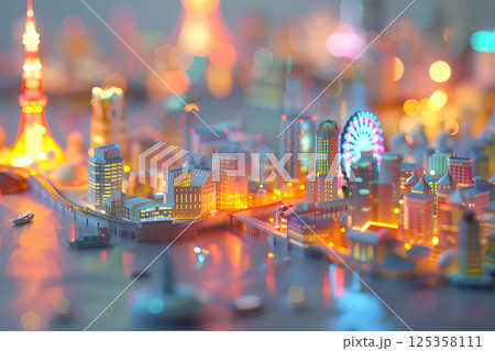 パステルカラーの美しいネオンの東京の夜景（3D） 125358111