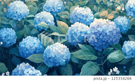 一面に咲いたアジサイ畑のイラスト 一面に咲いたアジサイ畑のイラスト 125358266