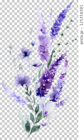 Bouquet made of watercolor lavender flowers. Purple wildflowers wedding isolated illustration 125358391