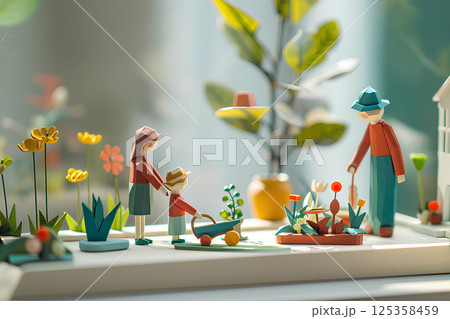 家族で庭の手入れをする優しい風景(木工細工) 家族で庭の手入れをする優しい風景(木工細工) 125358459