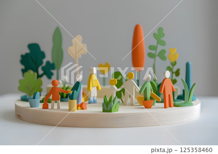 家族で庭の手入れをする優しい風景(木工細工) 家族で庭の手入れをする優しい風景(木工細工) 125358460