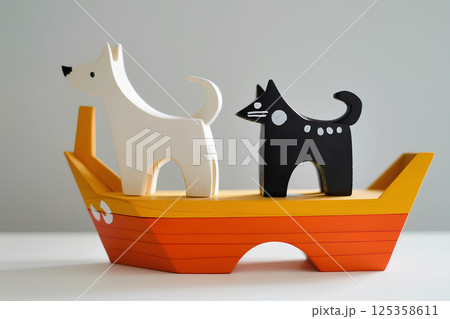 白イヌと黒い犬と漁船のおしゃれなインテリア模型（木工細工） 125358611