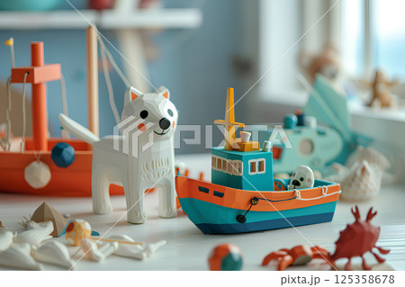 白い犬と漁港のほのぼの風景（木工細工） 125358678