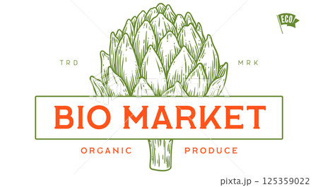 Artichoke, vegetable. Tag, label, sign, vintage retro print, black white artichoke drawing, sketch ink pencil draw, engrave old school style. Sketch artwork silhouette artichoke. Vector Illustration Artichoke, vegetable. Tag, label, sign, vintage retro print, black white artichoke drawing, sketch ink pencil draw, engrave old school style. Sketch artwork silhouette artichoke. Vector Illustration 125359022