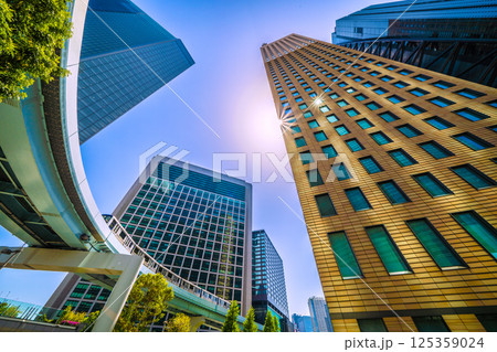 日本の東京都市景観 Wダイヤモンドの珍景…汐留のビル群やゆりかもめなどを望む（連続Pあり） 125359024
