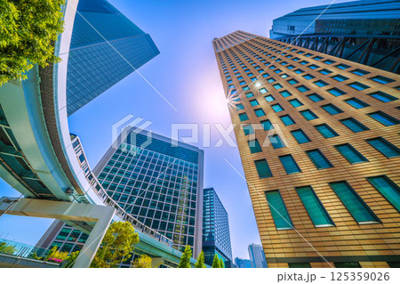 日本の東京都市景観 Wダイヤモンドの珍景…汐留のビル群やゆりかもめなどを望む（連続Pあり） 125359026