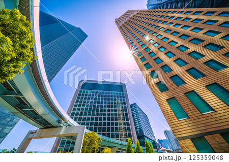 日本の東京都市景観 Wダイヤモンドの珍景…汐留のビル群などを望む（ゆりかもめの連続Pあり） 125359048