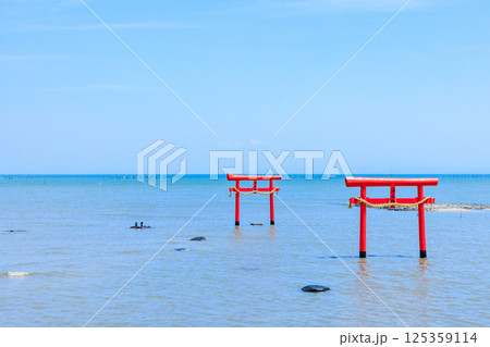 満潮時の大魚神社の海中鳥居 佐賀県太良町 満潮時の大魚神社の海中鳥居 佐賀県太良町 125359114