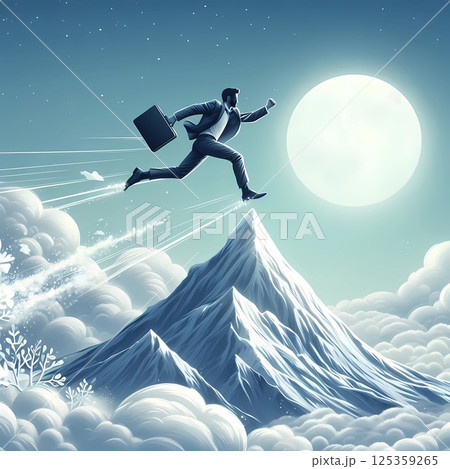Businessman Leaping to Success in a Mountain Landscape 125359265