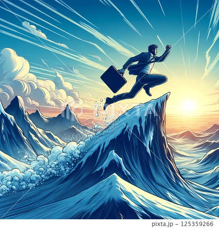 Businessman Leaping to Success in a Mountain Landscape Businessman Leaping to Success in a Mountain Landscape 125359266