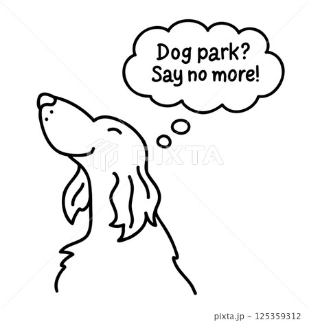 Excited dog with happy face and speech bubble. Vector doodle illustration with text. Hand drawn in a minimalistic, cartoonish line art style. Clipart for pet-themed designs, prints, and stickers Excited dog with happy face and speech bubble. Vector doodle illustration with text. Hand drawn in a minimalistic, cartoonish line art style. Clipart for pet-themed designs, prints, and stickers 125359312