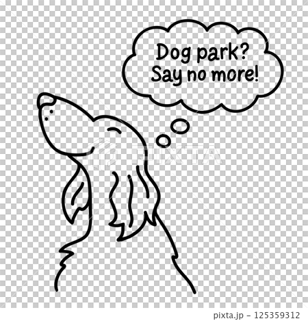 Excited dog with happy face and speech bubble. Vector doodle illustration with text. Hand drawn in a minimalistic, cartoonish line art style. Clipart for pet-themed designs, prints, and stickers 125359312