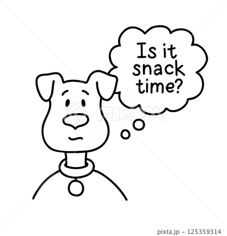 Funny little doggie with speech bubble. Black and white outline vector illustration with text. Hand drawn doodle in cartoon style. Perfect for pet-themed designs, prints, and stickers 125359314