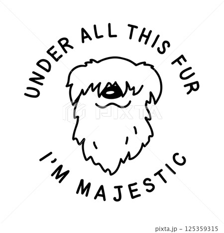 Shaggy dog head in a round text frame. Black and white hand drawn illustration of a chunky pup with happy face in doodle style. Vector element for pet-themed designs, prints, and stickers 125359315