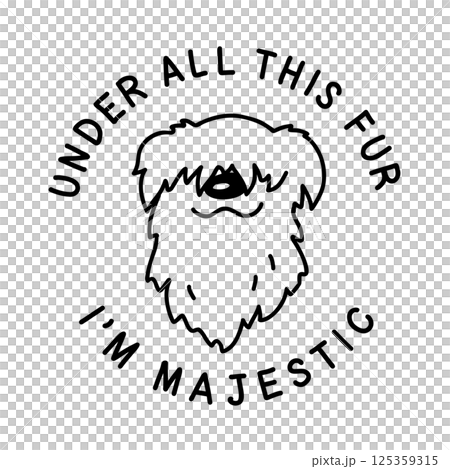 Shaggy dog head in a round text frame. Black and white hand drawn illustration of a chunky pup with happy face in doodle style. Vector element for pet-themed designs, prints, and stickers 125359315