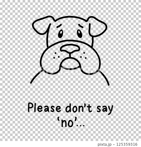Vector bulldog with sad look. Hand drawn black and white doodle illustration with text. Melancholic dog in cartoon outline style. Perfect for pet-themed designs, prints, and stickers 125359316