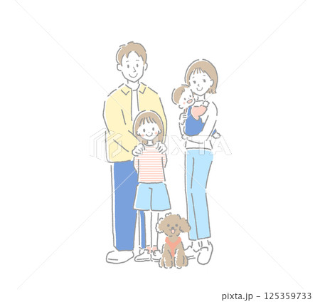 ペットと並んでこちらへ向かってほほえむ家族の全身イラスト 125359733