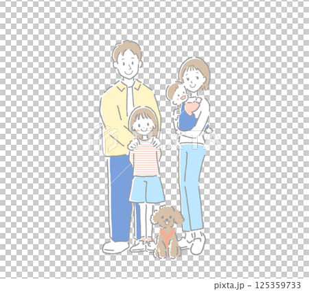 ペットと並んでこちらへ向かってほほえむ家族の全身イラスト 125359733