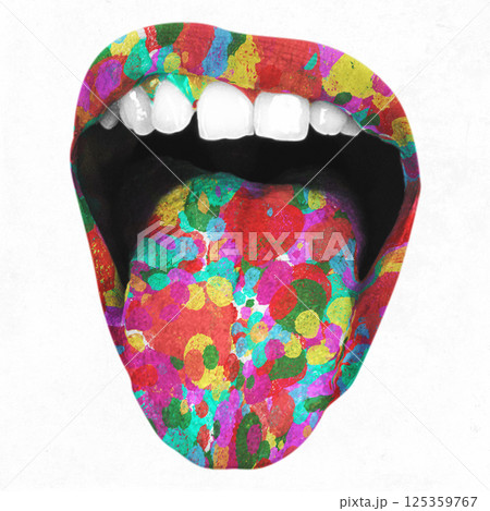 Woman showing colorful tongue isolated on white 125359767