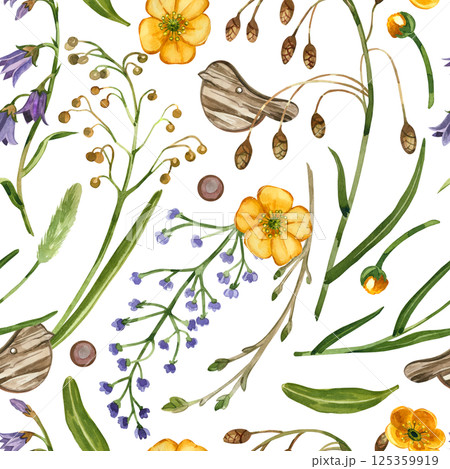 Seamless watercolor pattern. Spring meadow flowers, purple bells, buttercups, timothy grass, green leaves, bird figure. Suitable for printing on fabric, paper, for stationery. Seamless watercolor pattern. Spring meadow flowers, purple bells, buttercups, timothy grass, green leaves, bird figure. Suitable for printing on fabric, paper, for stationery. 125359919