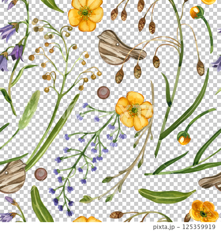 Seamless watercolor pattern. Spring meadow flowers, purple bells, buttercups, timothy grass, green leaves, bird figure. Suitable for printing on fabric, paper, for stationery. Seamless watercolor pattern. Spring meadow flowers, purple bells, buttercups, timothy grass, green leaves, bird figure. Suitable for printing on fabric, paper, for stationery. 125359919