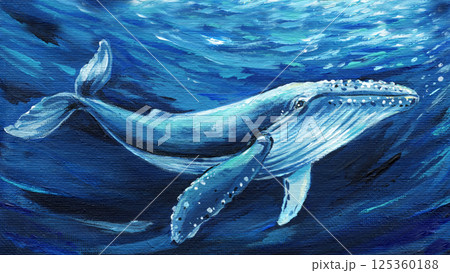 Acrylic painting of a blue whale swimming in the deep ocean with sunlit waves and dynamic water textures poster, print 125360188