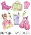 girl in boxing gloves, sports bag, smoothie, boxing gloves pink, sneakers for sports, sports set isolated illustrations in high quality, perfect for poster design, for design of sports products. 125360332