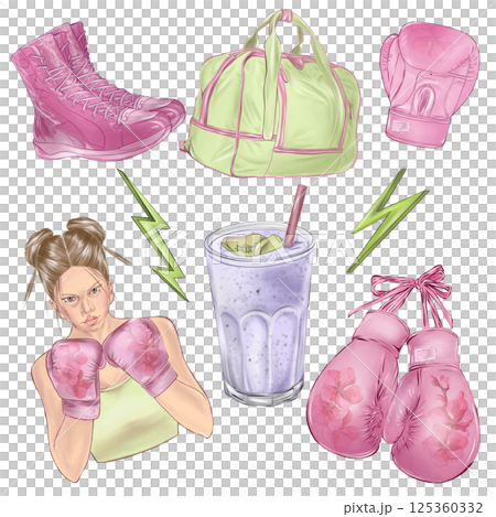 girl in boxing gloves, sports bag, smoothie, boxing gloves pink, sneakers for sports, sports set isolated illustrations in high quality, perfect for poster design, for design of sports products. 125360332
