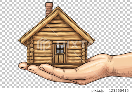 Hand presenting a small wooden cottage, representing cozy home living, isolated on white Hand presenting a small wooden cottage, representing cozy home living, isolated on white 125360416