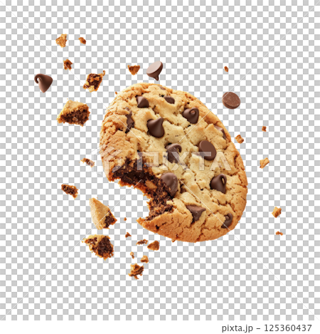 Crumbly chocolate chip cookie breaking, small crumbs flying, white background 125360437