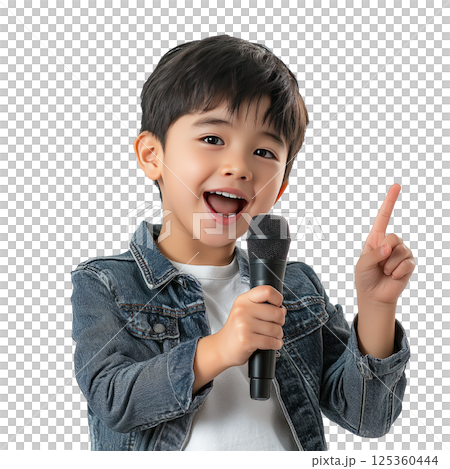 Boy holding microphone and pointing to the side, singing happily, clean white background 125360444