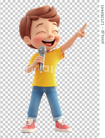 Boy holding microphone and pointing to the side, singing happily, clean white background 125360445