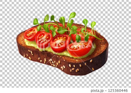 Avocado toast topped with cherry tomatoes, sesame seeds, and microgreens, isolated on a white background 125360446