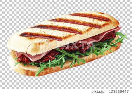 Authentic Italian panini with prosciutto, arugula, and sun-dried tomatoes, on a white background 125360447