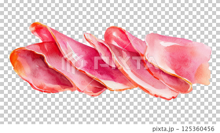 Slices of ham, pink and thin, placed on a white background 125360456