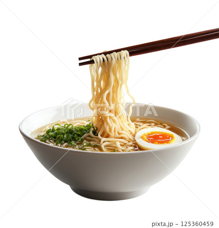 Noodles, egg and broth are ready to eat with chopsticks. 125360459
