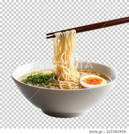 Noodles, egg and broth are ready to eat with chopsticks. 125360459